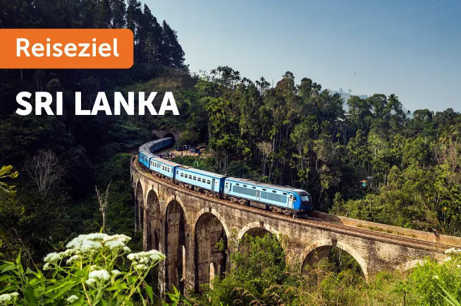 Brücke mit blauem Zug in Sri Lanka